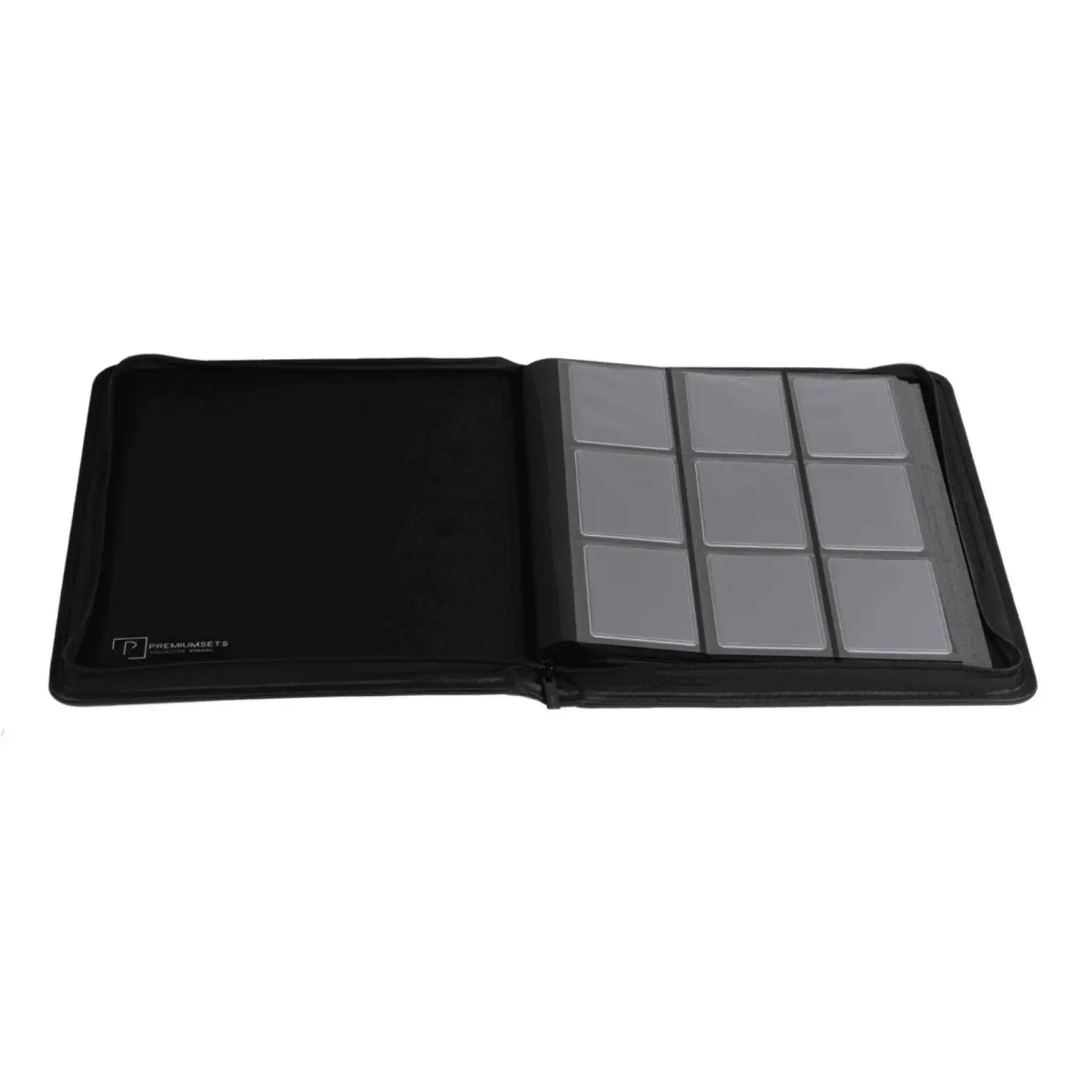 9-Pocket Toploader Collector binder open showing the first page with card slots