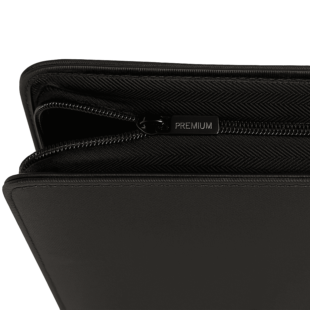 Detail view of black collector binder with premium zipper