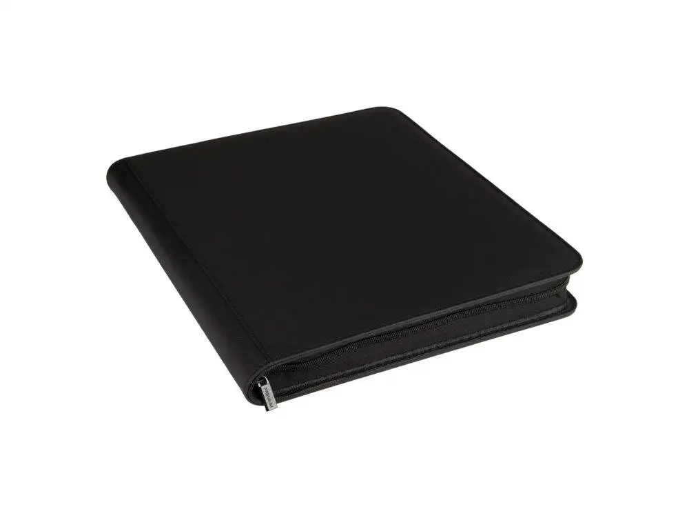 Angled view of Black premium 12-Pocket collector binder with zipper