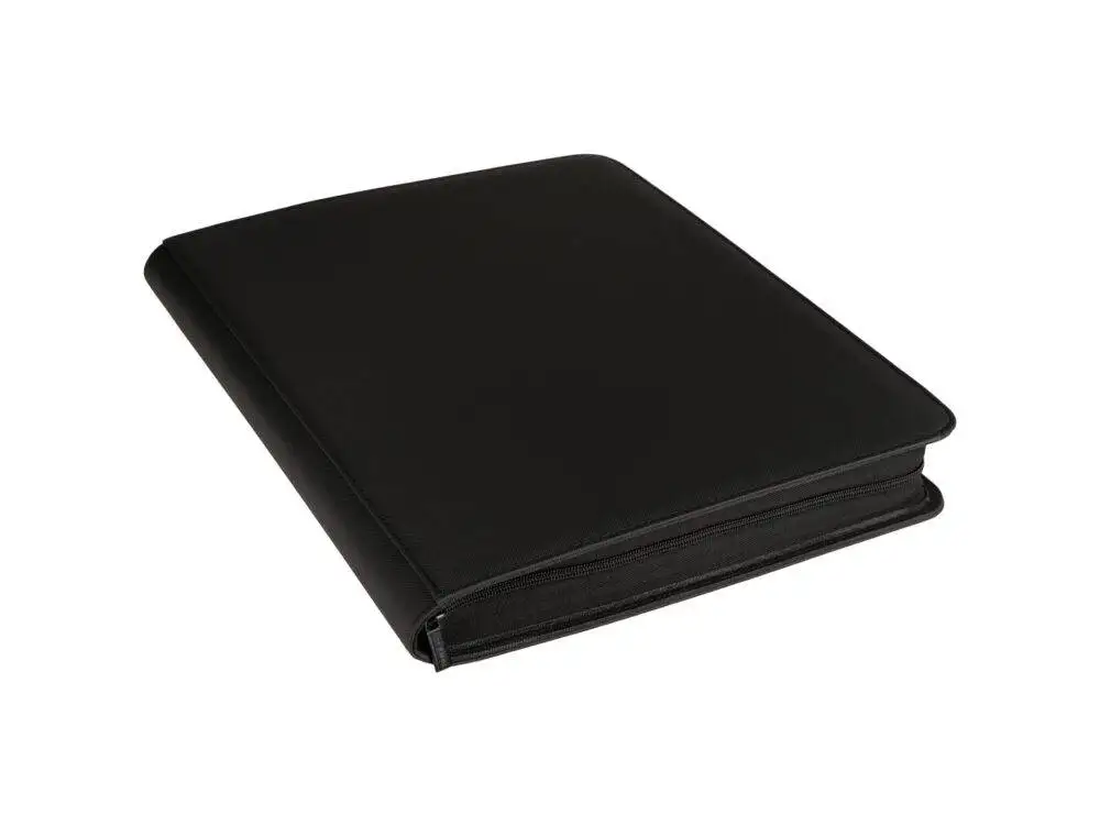 Angled view of Black premium 9-Pocket Toploader collector binder with zipper