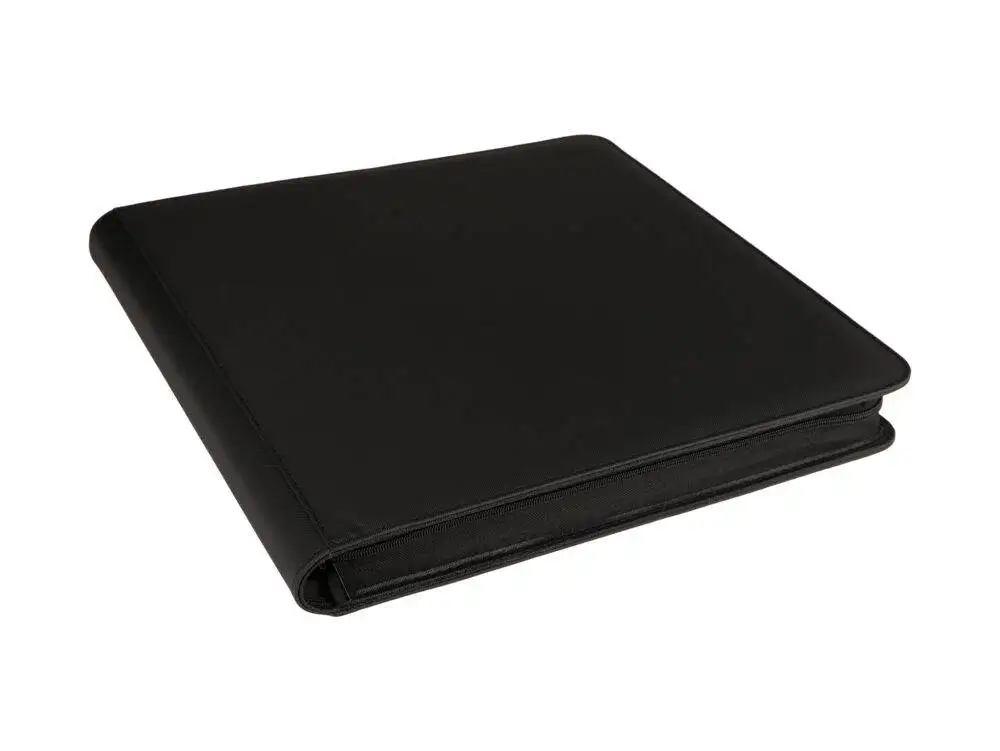 Angled view of Black premium 12-Pocket Toploader collector binder with zipper