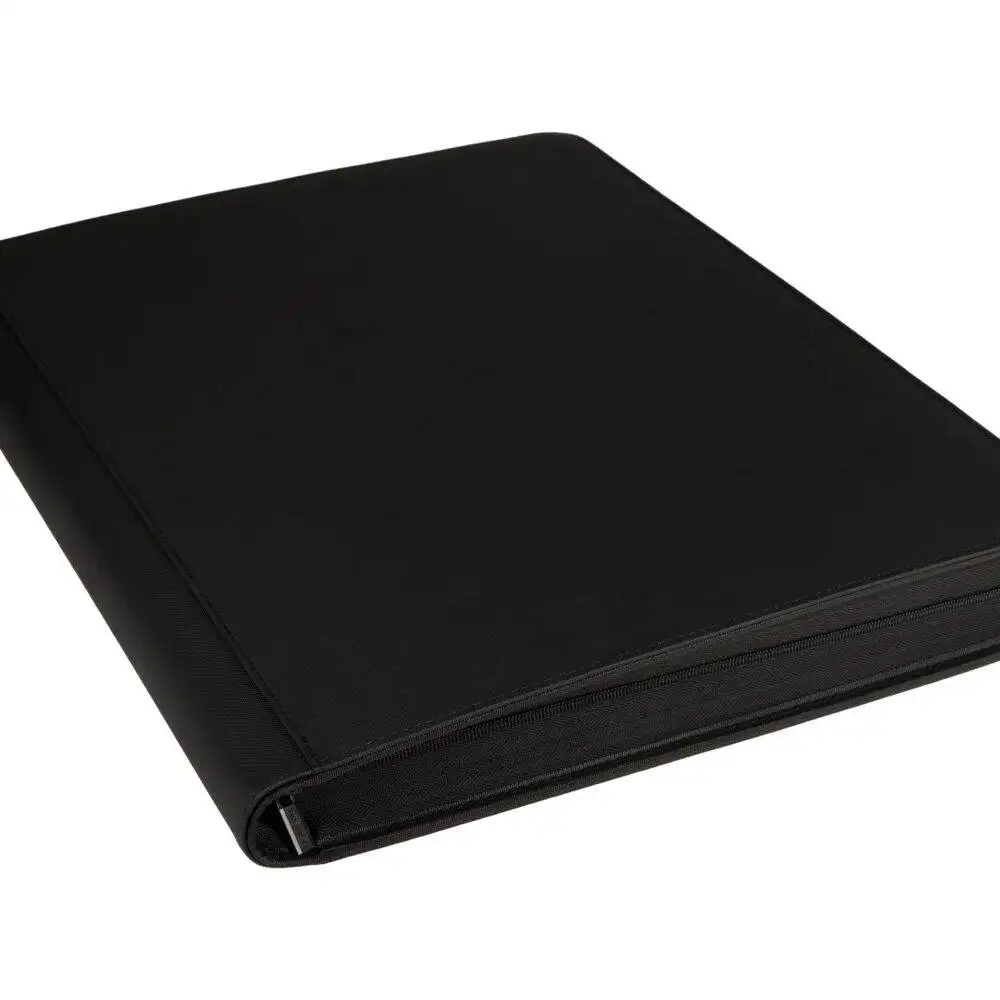Angled view of Black premium 16-Pocket Toploader collector binder with zipper