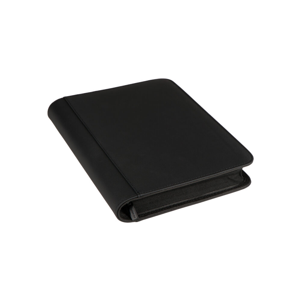 Angled view of black premium 1-Pocket Jumbo collector binder with zipper