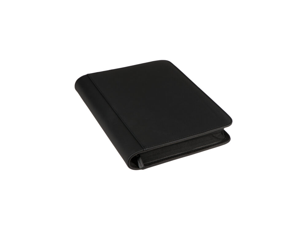 Angled view of black premium 1-Pocket Jumbo collector binder with zipper