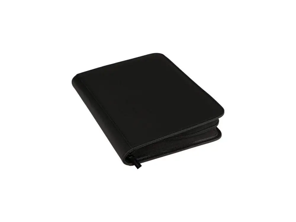 Angled view of black premium collector binder with zipper