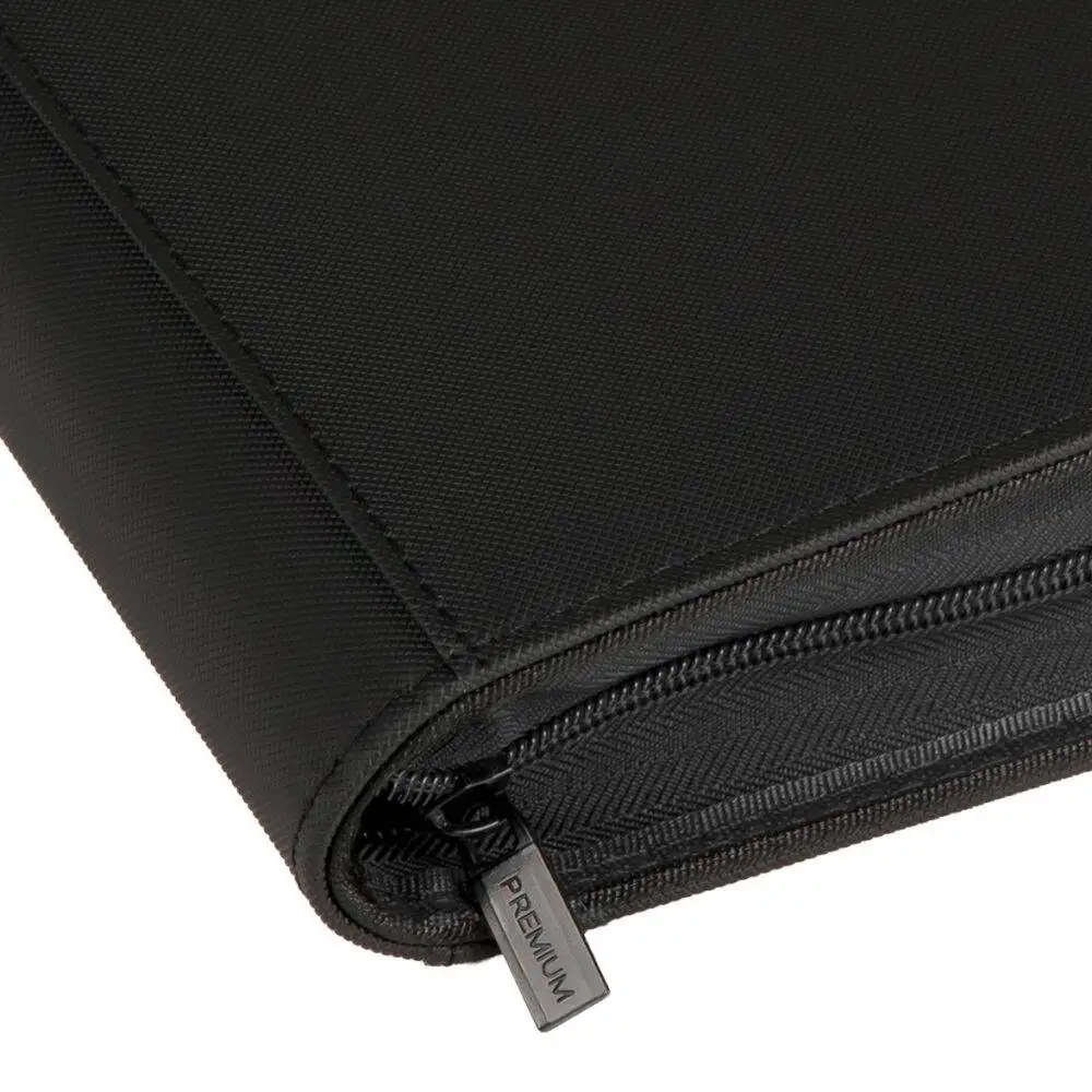 Close-up of premium black collector binder with metal zipper