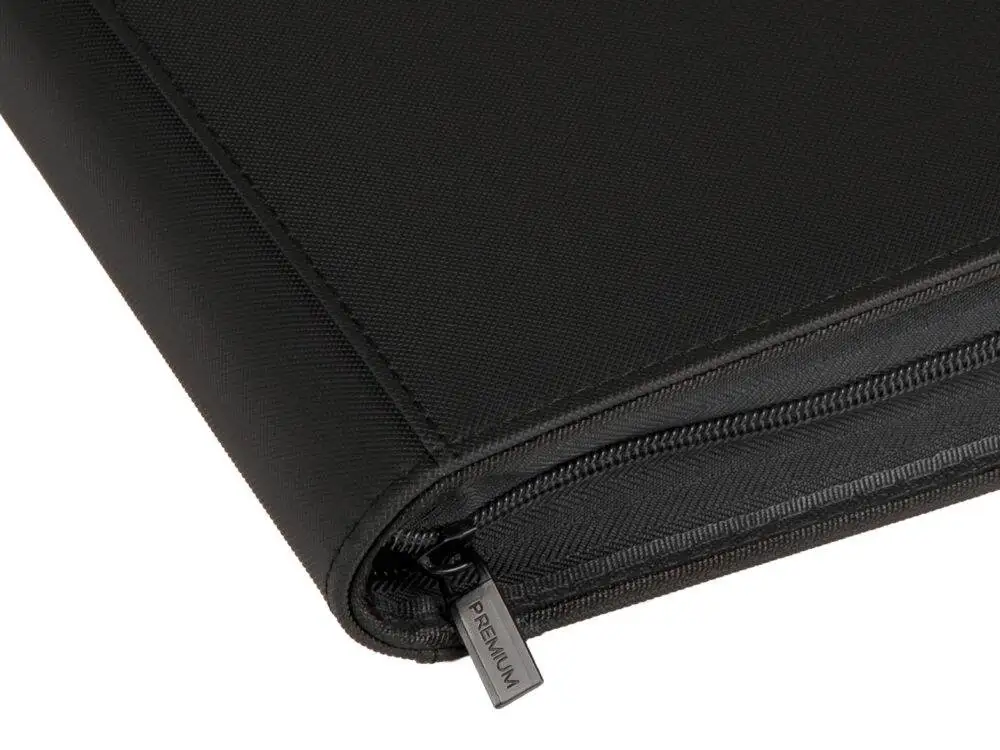 Close-up of premium black collector binder with metal zipper