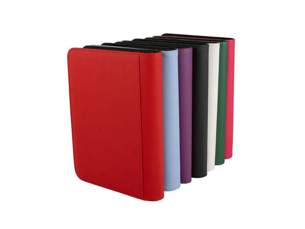 Collection of premium collector binders in red, blue, purple, black, white, green, and pink