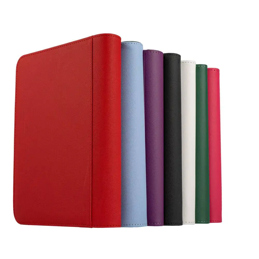 Collection of premium collector binders in red, blue, purple, black, white, green, and pink